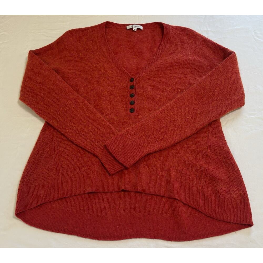 Madewell Sweater Wool Alpaca Asherton Waffle Henley Poppy Red Preppy Size M
